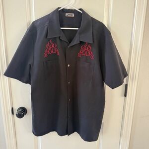 YMLA Mens Black Button Down Shirt Red Flame Embroidery Dice Buttons Rockabilly